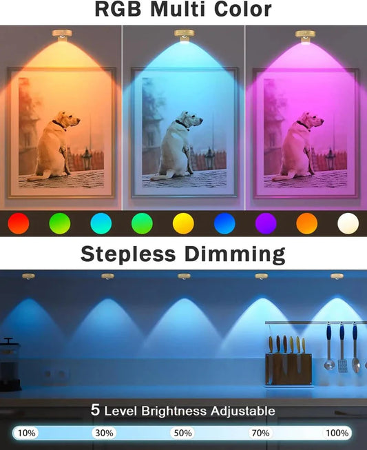 3-Pack Rechargeable RGB Under Cabinet LED Puck Lights - Remote Control, Golden Housing